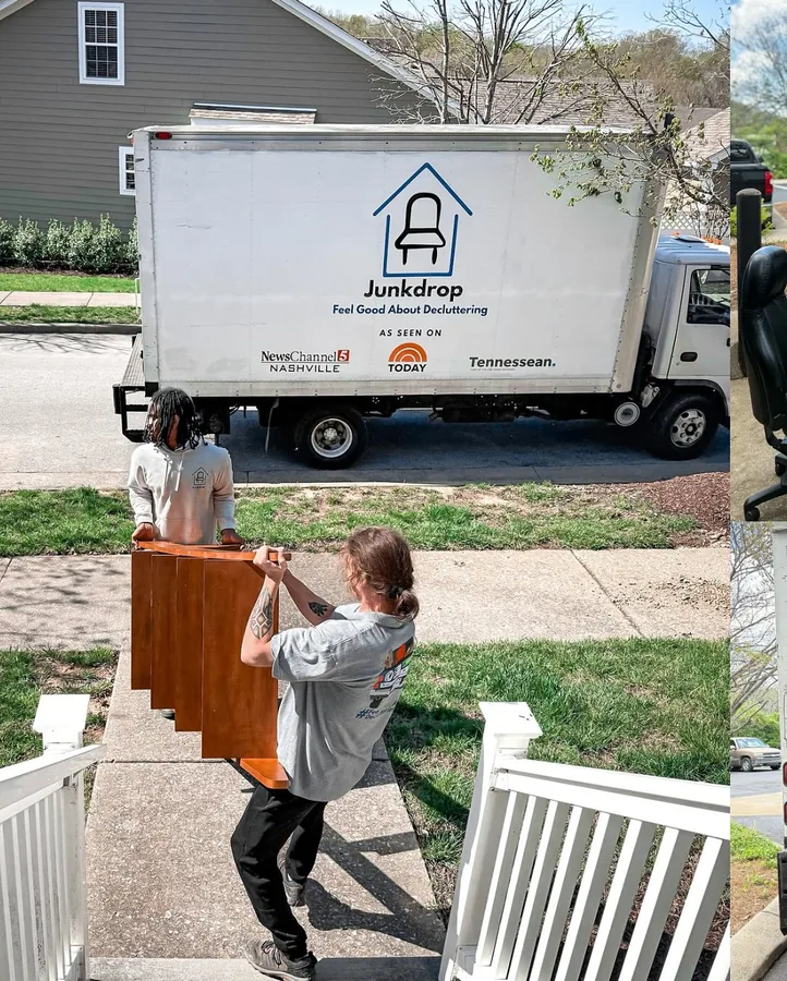 Crew carrying furniture outside a house toward a Junkdrop truck